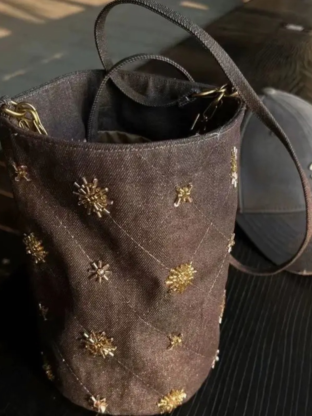 Brown Denim Chain-Handle Bucket Bag with Gold Embellishments - Picture 3 of 4